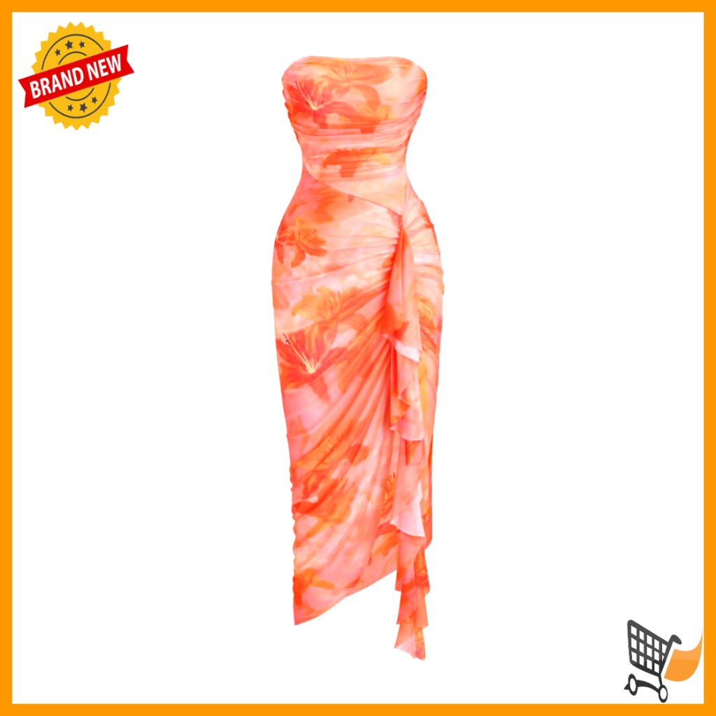 Strapless Ruffle Maxi Dress Floral Print Bodycon Stretch Polyester